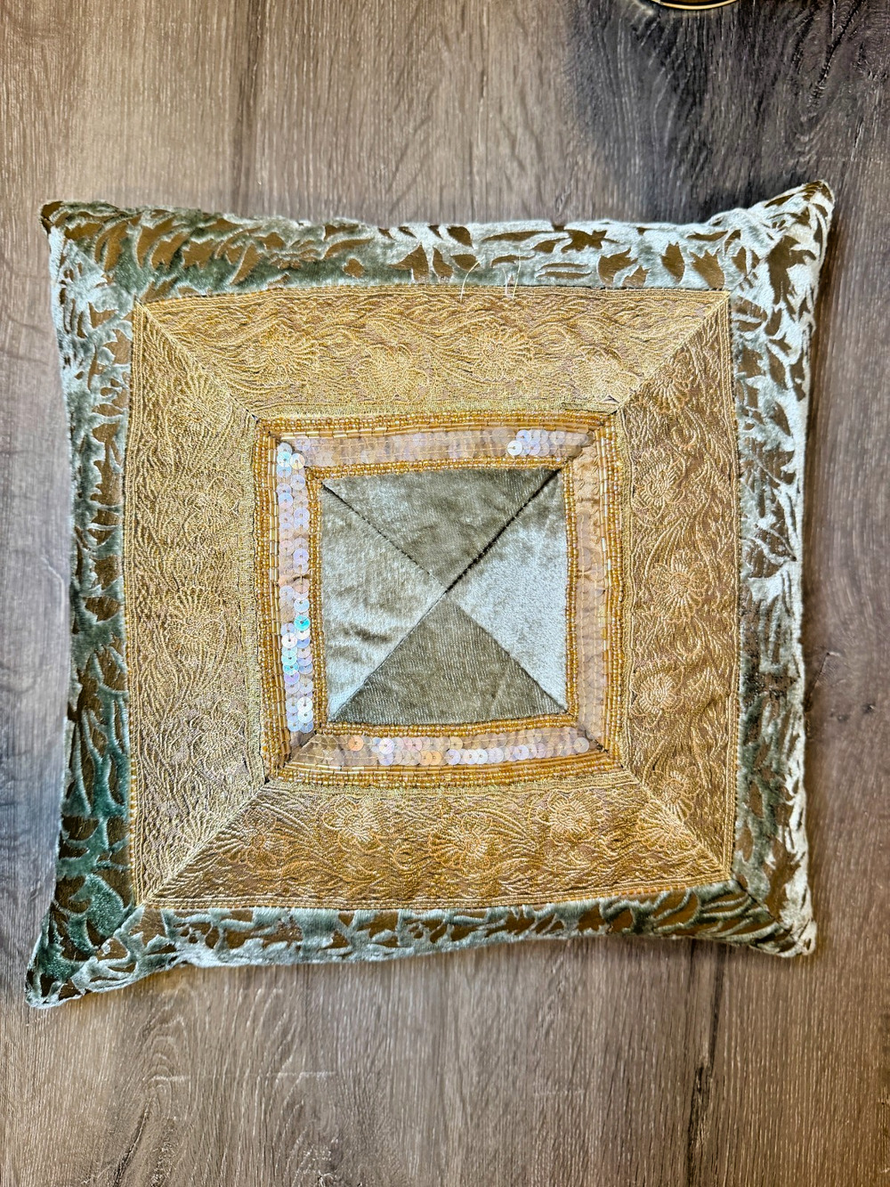 Vintage 15" Velvet Gold Brocade Beaded Sequin Boho Throw Pillow India Style